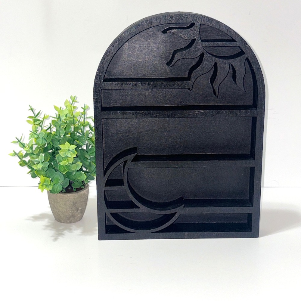 12" Black Wooden Sun and Moon Celestial Shadow Box Crystal Display Shelf Arch